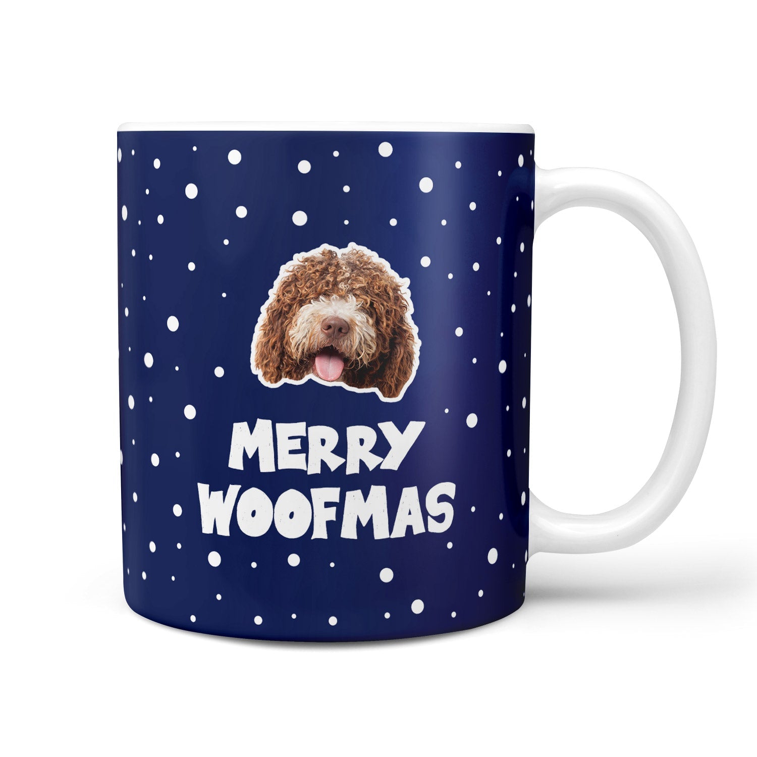 Mug with a dog illustration and 'Merry Woofmas' text on a blue polka dot background