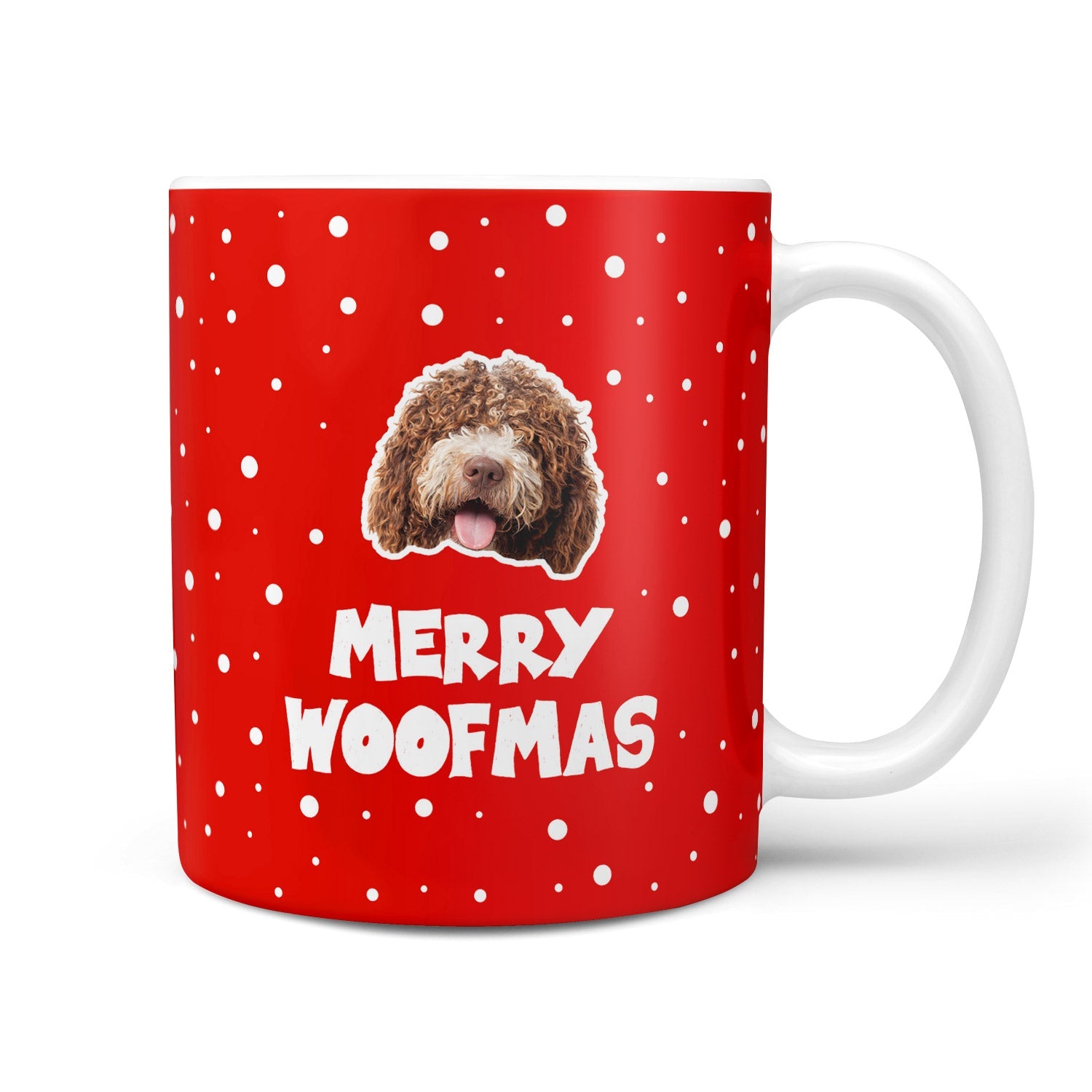 Red mug with white polka dots featuring a dog's face and 'Merry Woofmas' text on a white background