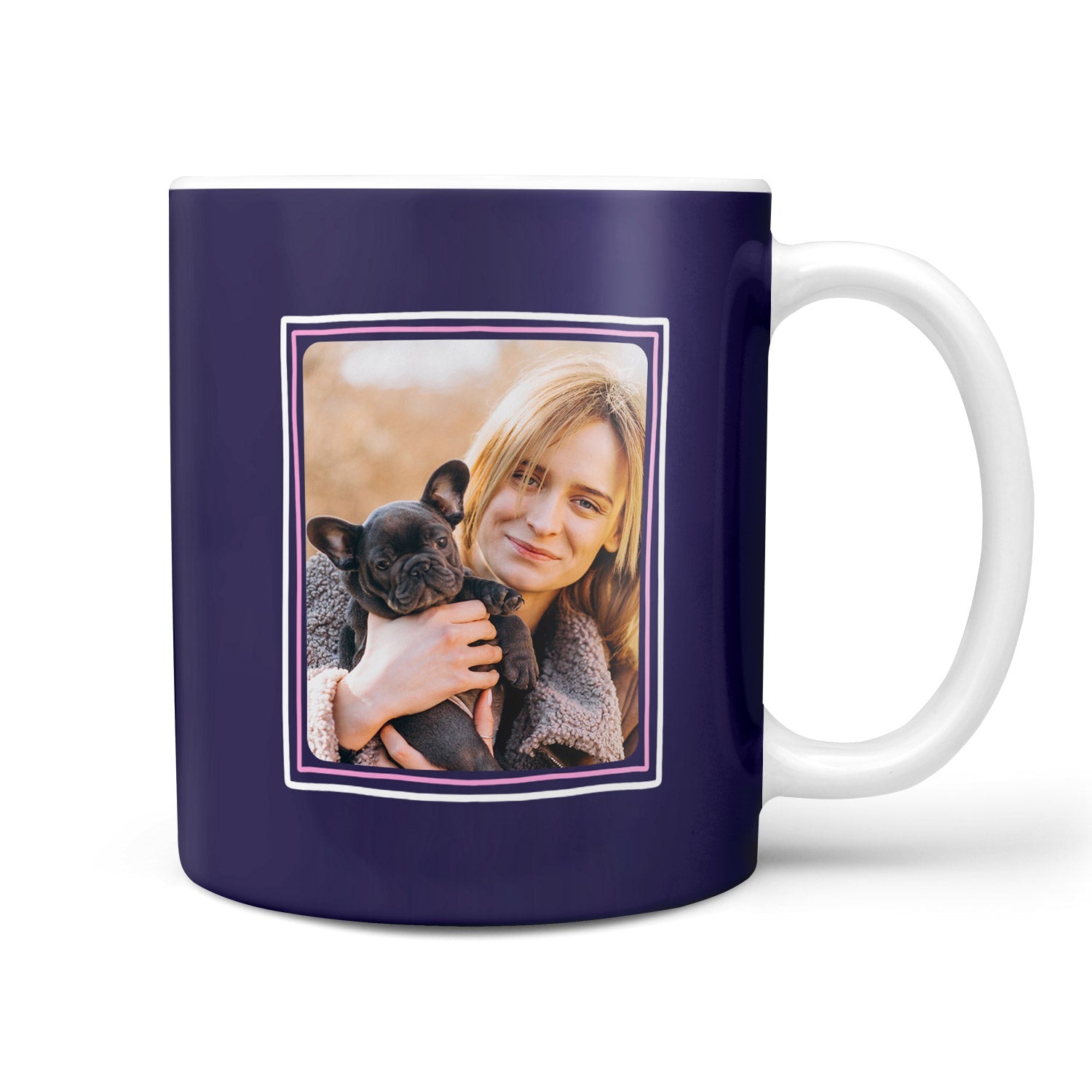 Mug with a photo of a woman holding a dog on a purple background