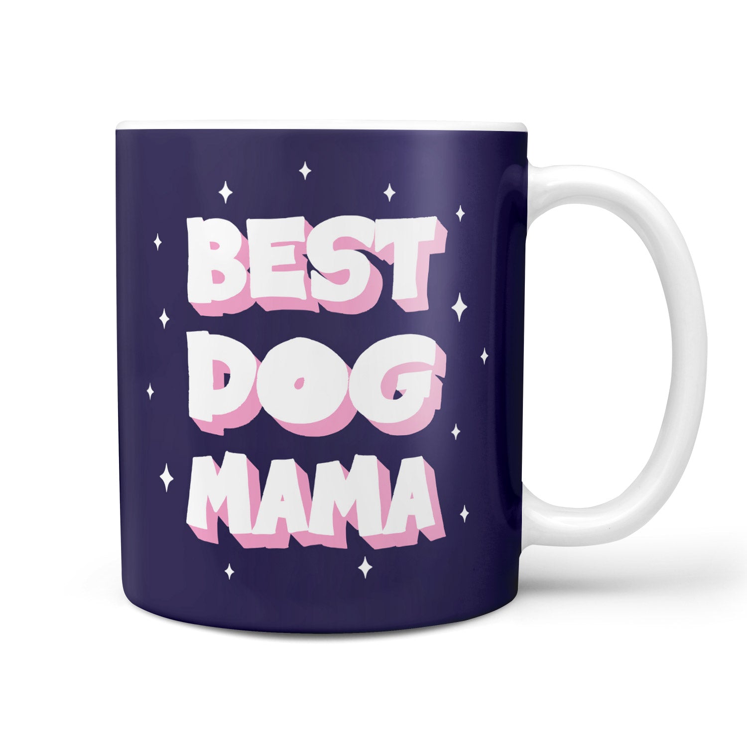 Navy blue mug with 'BEST DOG MAMA' text in pink and white on a white background