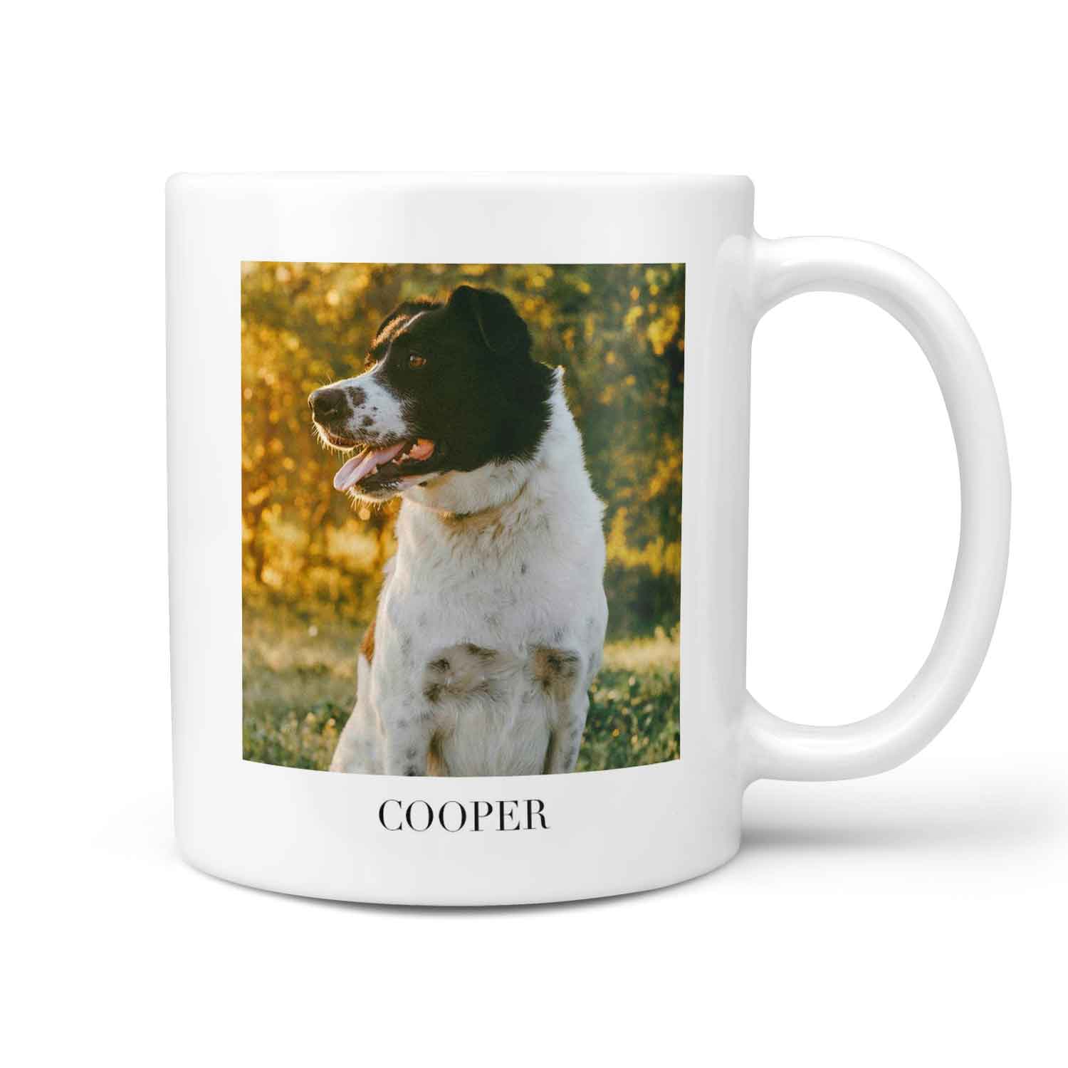 White mug with a photo of a dog named 'Cooper' on a white background
