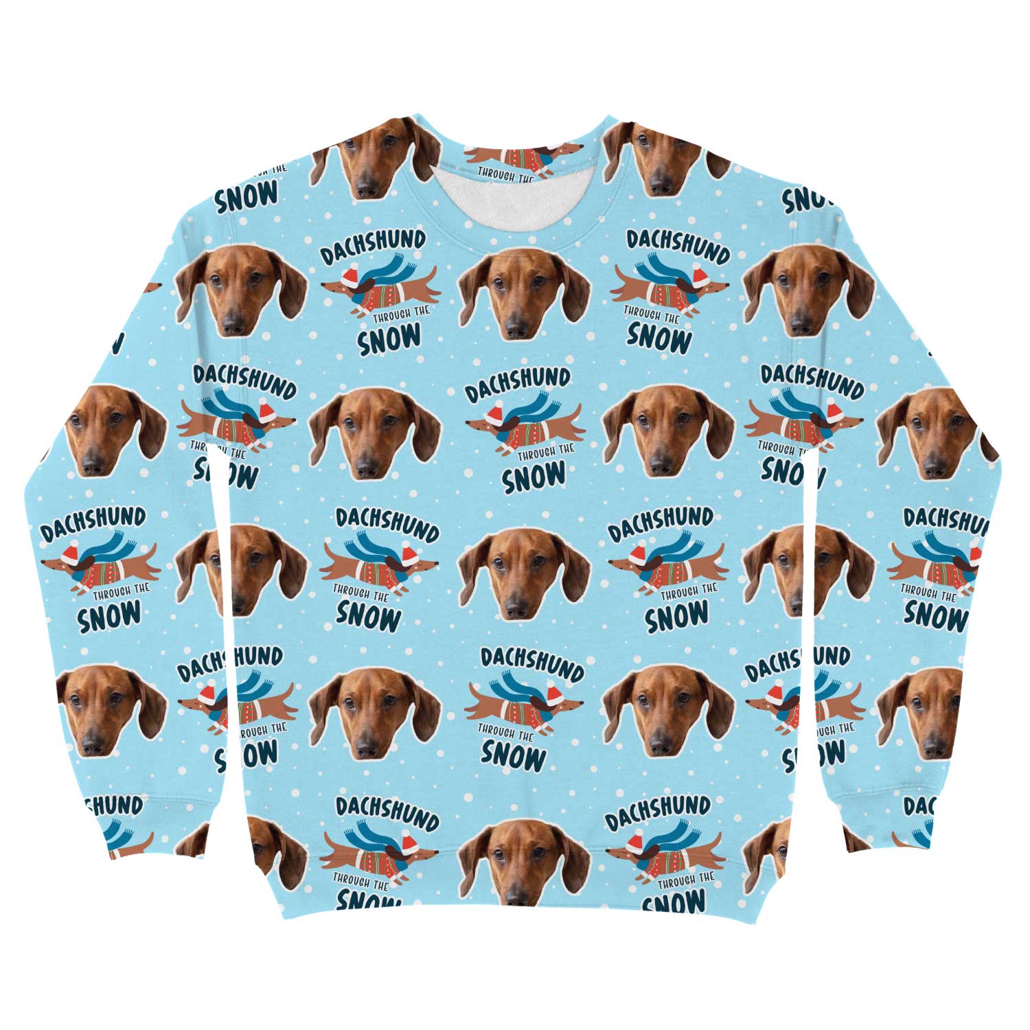 Light blue sweatshirt with dachshund pattern and text on a white background