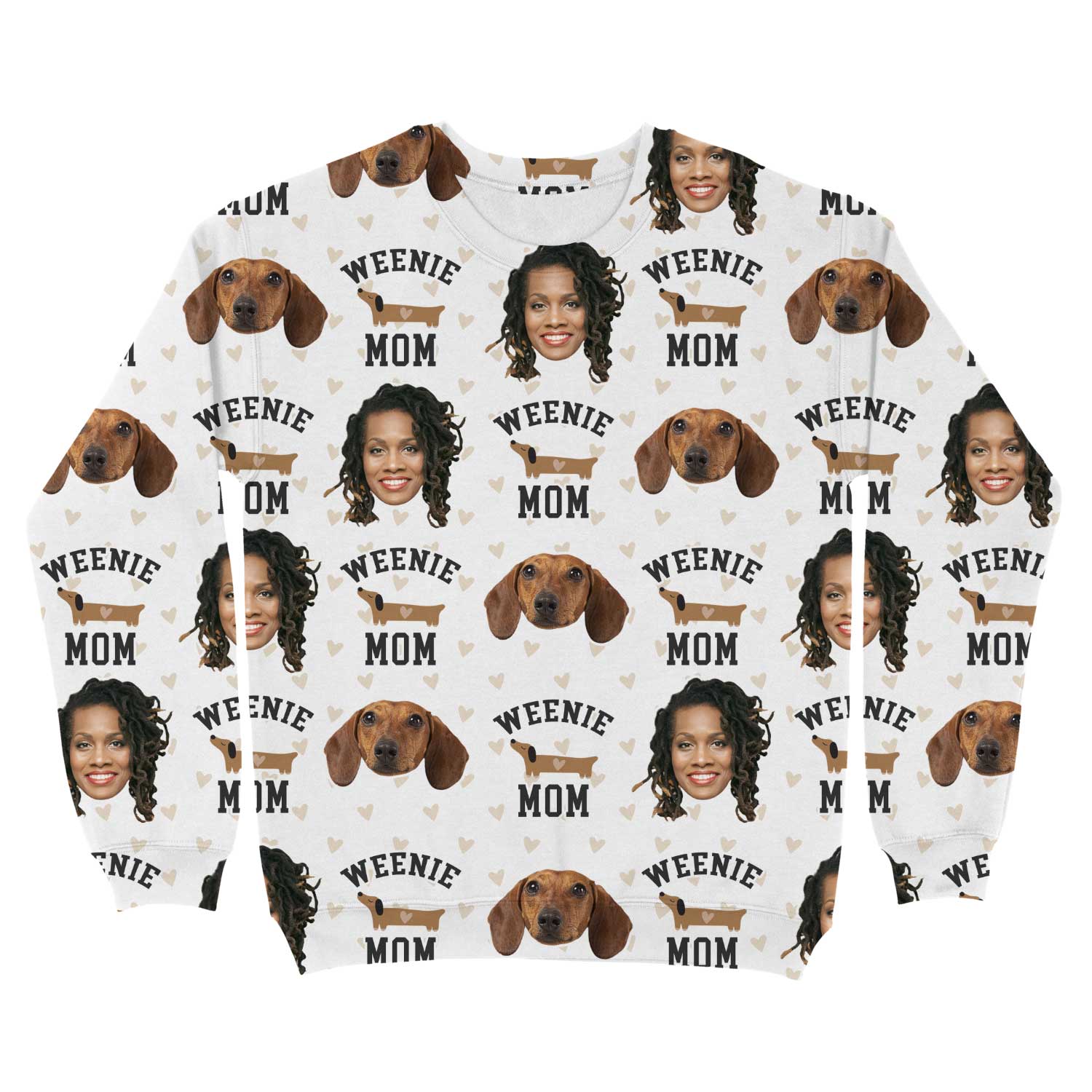 Two matching sweatshirts with 'Weenie Mom' text and dachshund graphics on a white background.