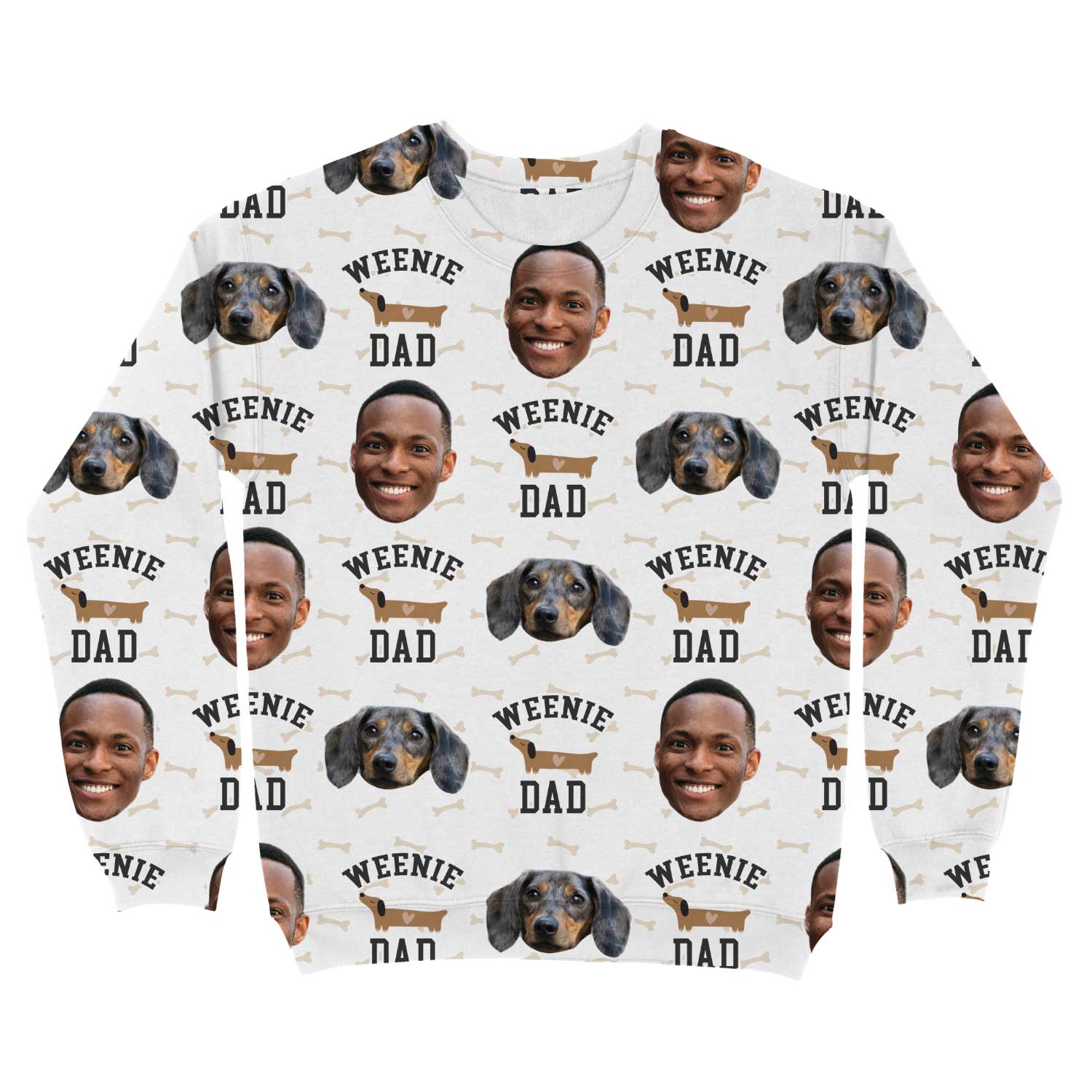 Sweatshirt with 'Weenie Dad' text and dog graphics on a white background
