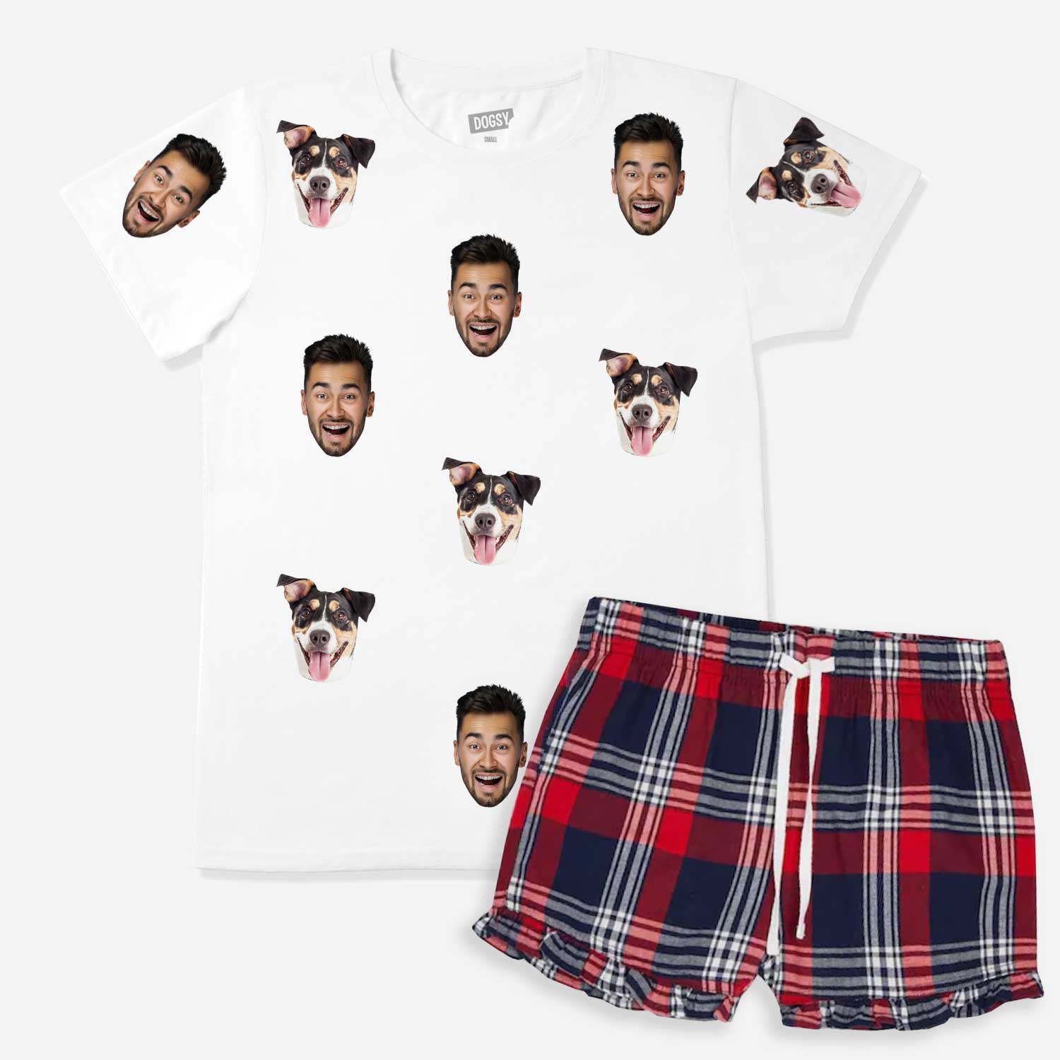 Women's Multi Photo Dog Pajamas - Red Tartan Shorts Set