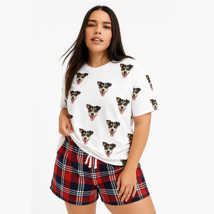 Women's Multi Photo Dog Pajamas - Red Tartan Shorts Set